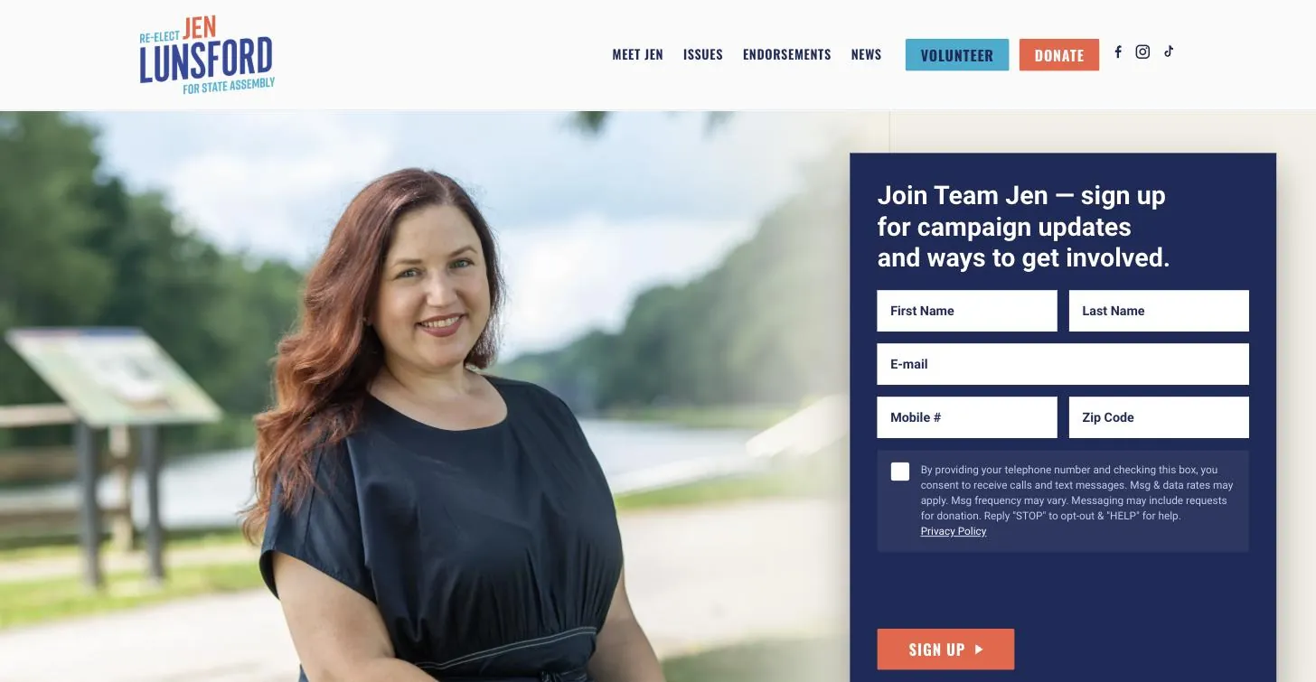 Homepage of Jen Lunsford's re-election campaign website with a signup form beside her photo