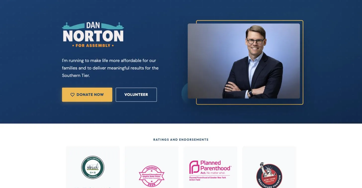 Homepage of Dan Norton for Assembly with Donate and Volunteer buttons and endorsement badges